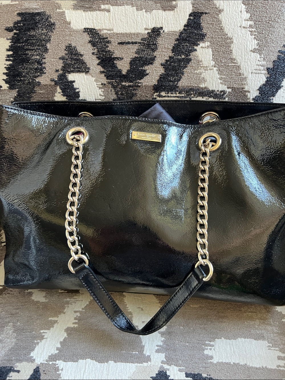 kate spade Black Patent Shoulder Bag with Gold Chain Straps